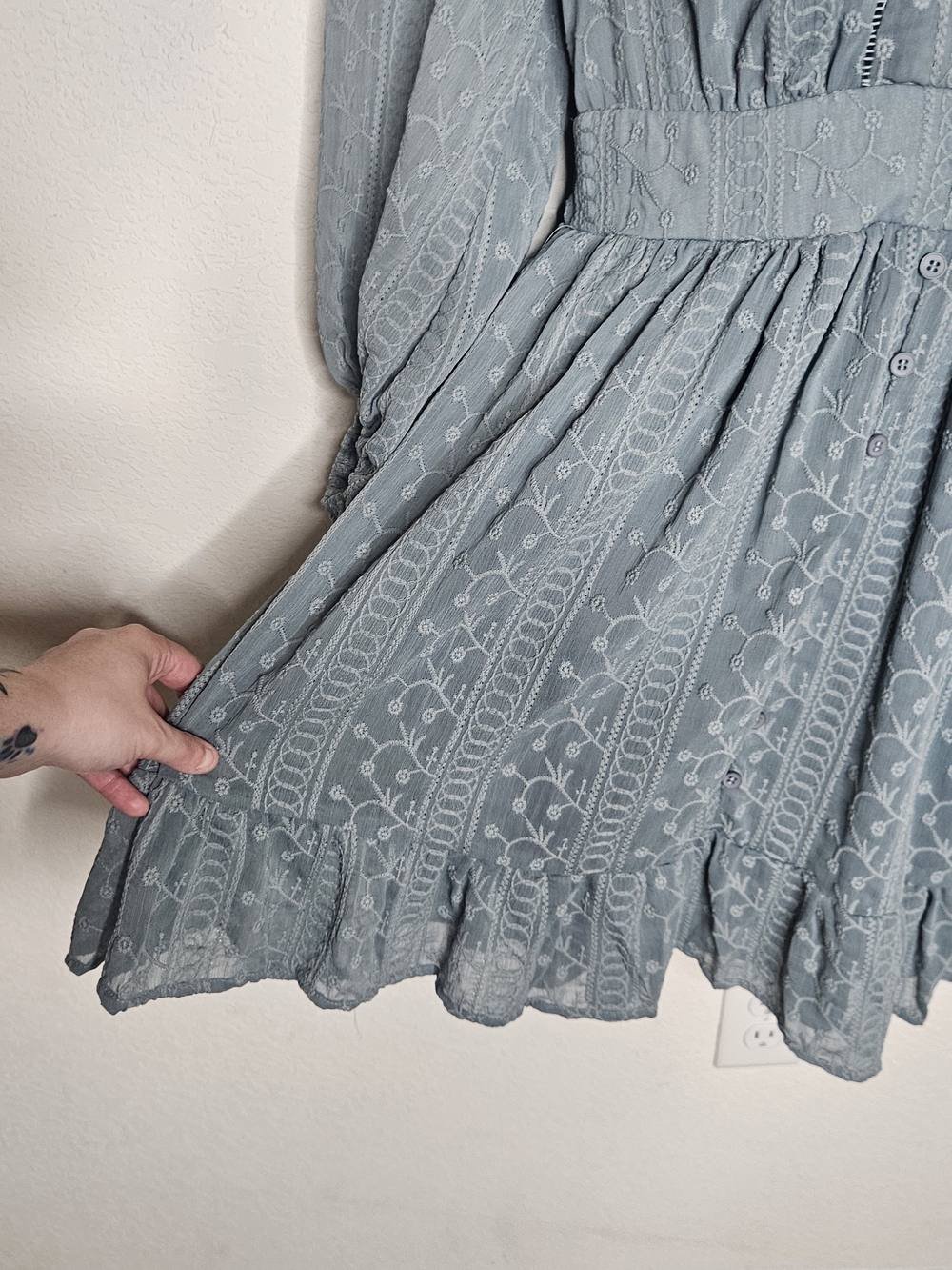 Baltic Born Harmony Embossed Dress Dusty Blue Large Boho Mini Dress NWT Cottage - Picture 5 of 11